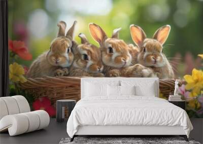 A group of baby rabbits cuddling together in a basket, surrounded by spring flowers Wall mural