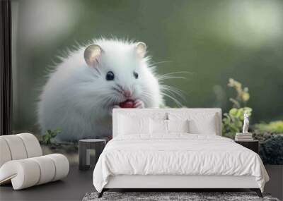 A hamster with fluffy white fur enjoying a small treat of berries in its cage. Wall mural