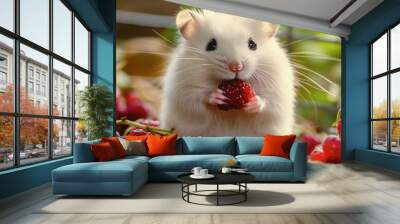 A hamster with fluffy white fur enjoying a small treat of berries in its cage. Wall mural