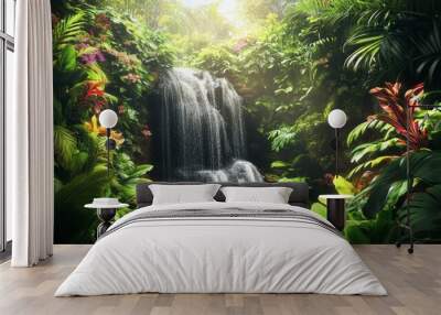 A hidden waterfall in a tropical jungle, surrounded by vibrant green foliage and exotic flowers. Wall mural