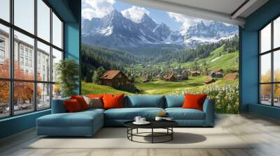 A picturesque mountain village with traditional alpine architecture, nestled among towering peaks and green meadows. Wall mural