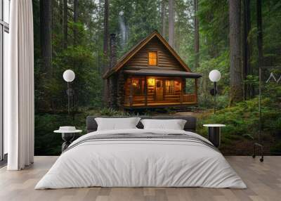 A quaint cabin in the woods with a log exterior, surrounded by tall trees and a serene natural setting. Wall mural