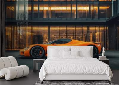 A sports car in a brilliant orange hue parked against a sleek, urban backdrop, showcasing its striking color and design. Wall mural