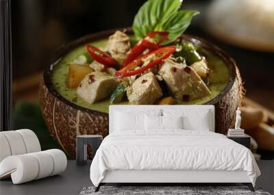 A tantalizing Thai green curry with chicken and vegetables, served in a coconut shell for an exotic touch. Wall mural