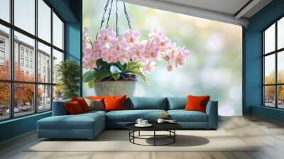 An elegant arrangement of cascading orchids in a hanging planter, set against a soft, blurred background. Wall mural