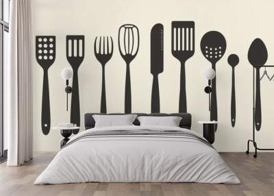 Assorted Kitchen Utensils in Silhouette Design Wall mural