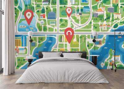 Colorful City Map with Markers and Landmarks Wall mural