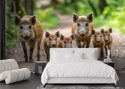 Family of Wild Boars Walking on a Forest Path Wall mural