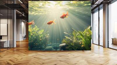 Fish swimming in a freshwater lake, surrounded by aquatic plants, with sunlight filtering through the water, creating a peaceful scene. Wall mural