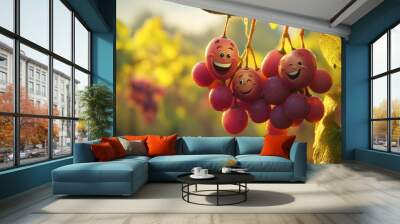 Playful Grapes with Smiling Faces in Vineyard Setting Wall mural