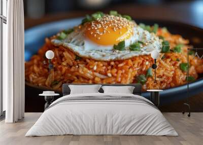 Rice Dish with Egg and Sesame on a Black Plate Wall mural