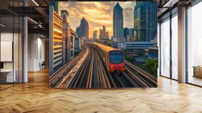 Skytrain running on elevated tracks through the commercial district of Bangkok, with modern buildings on both sides. Wall mural