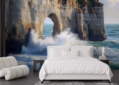 The cliffs of Normandy, with waves crashing against the natural rock arch. Wall mural