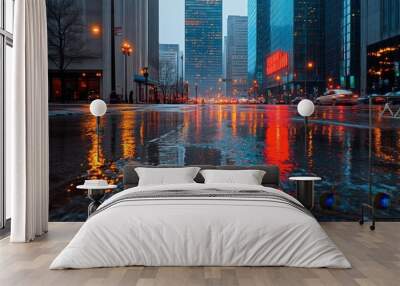 Urban Rain Reflections in Cityscape at Dusk Wall mural