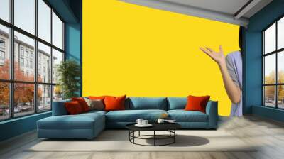 Asian woman acting shocked or surprised isolated on a white background,  Looking camera, Concept acts according to the emotions and feelings of excitement and shock, Yellow background, Copy space. Wall mural