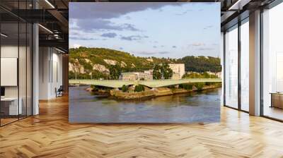 ROUEN, NORMANDY, FRANCE: Seine River, Pierre Corneille bridge, Lacroix island, Saint Paul church and Sainte Catherine Hill in the background Wall mural