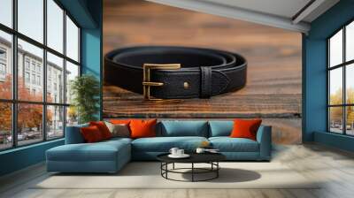 A Black Leather Belt With a Golden Buckle on a Wooden Table Wall mural