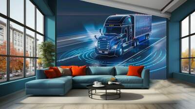 A blue semi truck with electric blue lighting is driving on a highway at night Wall mural