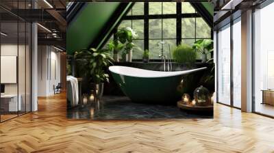 a bright and elegant glass bathroom with a luxurious tub, and lots of lush green plants reminiscent of the serenity of a dense forest. Wall mural