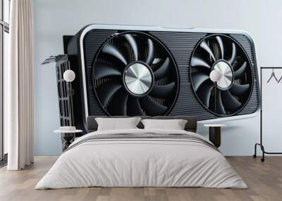 A computer graphics card with two fans on it is placed on a white surface Wall mural