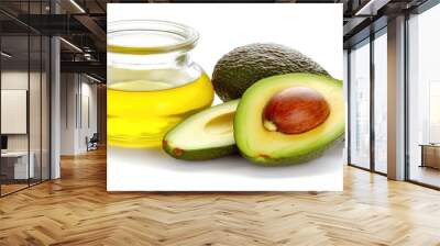 A jar of pure avocado oil alongside a perfectly halved avocado on a clean white backdrop, celebrating the richness of natural ingredients Wall mural