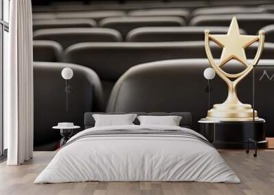 A prestigious award stands proudly on a wooden table before a bustling cinema hall, celebrating winners in the realm of visual storytelling Wall mural