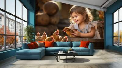 A soulful composition of a young child feeding a group of curious clucking chickens from a weathered wooden bucket in a quaint countryside, Wall mural