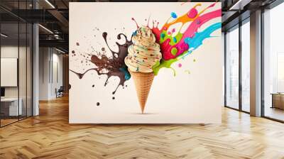 an ice cream cone with sprinkles of chocolate and sprinkles of sprinkles, a photorealistic painting, conceptual art, color splashes, wallpapers, created with Generative AI technology Wall mural