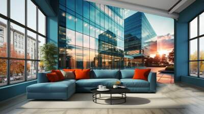 captivating image of a modern office building with a sleek glass facade that epitomizes contemporary architecture. Wall mural