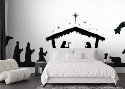 Christmas nativity scene with baby Jesus, Mary and Joseph in the manger.Traditional christian christmas story. Vector illustration for children. eps 10 Wall mural