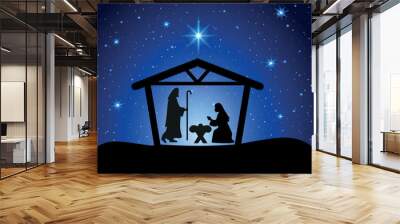 Christmas nativity scene with baby Jesus, Mary and Joseph in the manger.Traditional christian christmas story. Vector illustration for children. eps 10 Wall mural