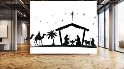 Christmas nativity scene with baby Jesus, Mary and Joseph in the manger.Traditional christian christmas story. Vector illustration for children. eps 10 Wall mural