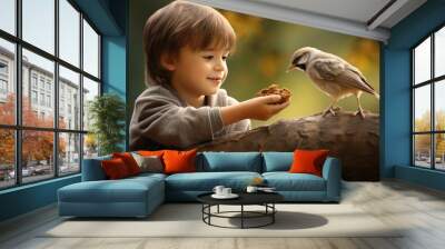 compassion and care of a young kid as he feeds birds, creating lasting childhood memories and a love for wildlife Wall mural