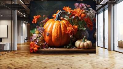 Composition autumn bouquet of flowers and pumpkin created with Generative AI technology Wall mural