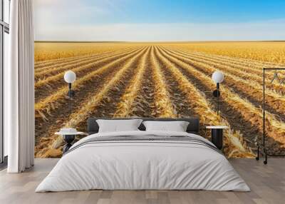 Cornfield with dry leaves ready for harvest under a bright sky Wall mural