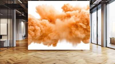 Dynamic explosion cloud bursting with fiery hues against a stark white background, capturing a moment of intense energy and motion Wall mural