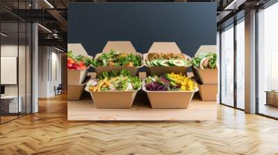 Eco-Friendly Takeaway Containers: f eco-friendly paper containers for takeaway food. Ideal for eco-friendly food brands, sustainability campaigns, and restaurant menus. Wall mural