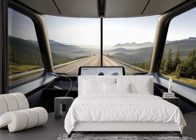 Explore the future of driving with a high-tech electric truck interior against stunning mountain landscapes Wall mural