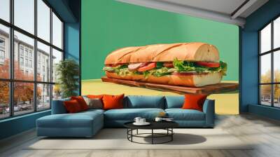 From above appetizing sandwich with grilled chicken, fresh lettuce and tomatoes served on baking paper on colorful table background created with Generative AI technology Wall mural