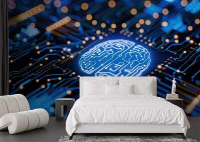 Glowing Brain Over Circuit: A Technological Fusion Wall mural