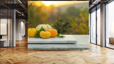 Golden Hour Pumpkins on a Marble Board Wall mural