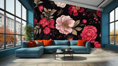 illustration of a seamless floral pattern where vibrant flowers contrast beautifully against a rich black background. Wall mural