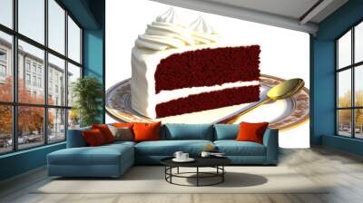 Indulging in a delectable slice of red velvet cake with cream cheese frosting on an ornate plate paired with a golden spoon Wall mural