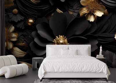 luxurious seamless pattern with enchanting floral shapes and luxurious black silk textures complemented by gold details. Wall mural