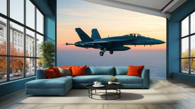 Majestic F/A-18 Super Hornet soaring through vibrant sunset skies with blazing afterburners illuminating the horizon Wall mural