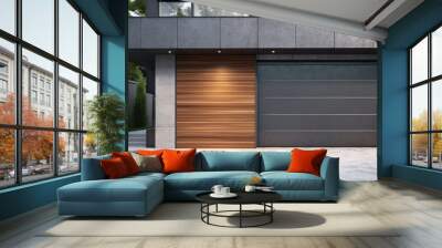 modern garage with sectional door in front created with Generative AI technology. Wall mural