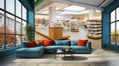 modern pharmacy's interior. photo showcases the clean and well-organized space where essential healthcare products and services are accessible to the community. Wall mural