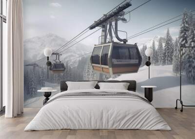 New modern spacious big cabin ski lift gondola against snowcapped forest tree and mountain peaks covered in snow landscape in luxury winter alpine resort created with Generative AI technology Wall mural