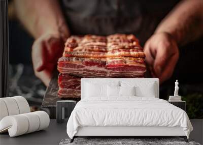 Person holding tray of bacon, a key ingredient for many dishes Wall mural