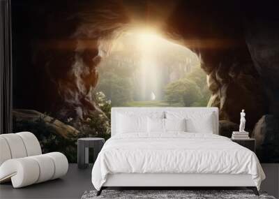 Sacred sunrise! Our image illustrates the Resurrection, featuring a light-filled empty tomb, crucifixion, and divine sunrise Wall mural